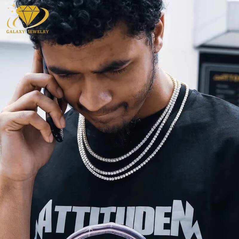 Hip Hop Tennis Bracelet Necklace Gold Plated 925 Sterling Silver 6.5mm Round Cut Moissanite Diamond Iced Out Tennis Chain