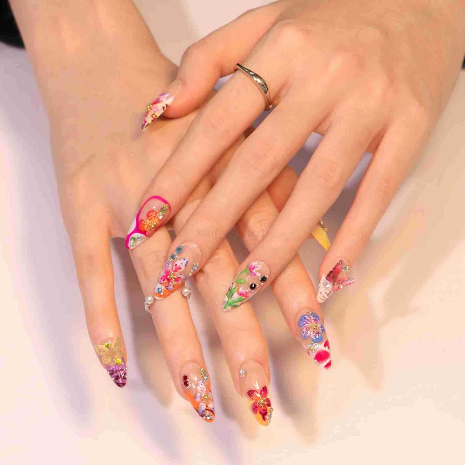 24pcs Tropical Flower Press On Nails Colorful French 3D Crystal Butterfly Shell Pattern Printed False Nails Almond Fake Nails M250807
