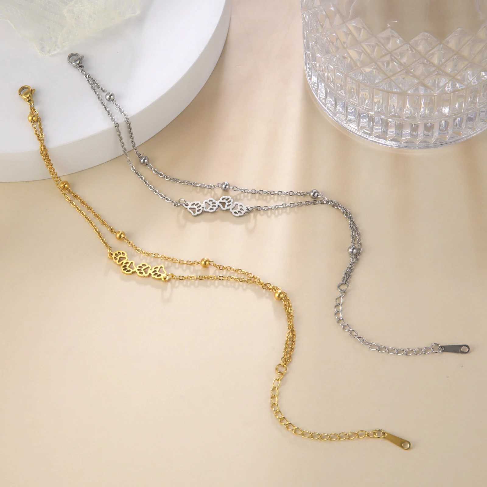 Kkjoy Fashion Cute Stainless Steel Gold Color Hollow Cat Dog Paw Anklet For Women Female Animal Charm Jewelry Gift Y250805