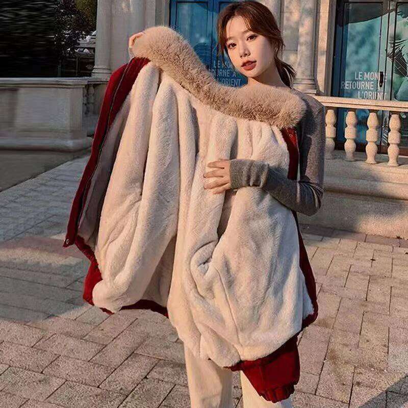 Designer Clothing 2025 Lucyever Korean Thick Fleece Women Winter Jacket Fashion Loose Warm Plush Parkas Female Elegant Lapel Zipper Pocket Veet Coat