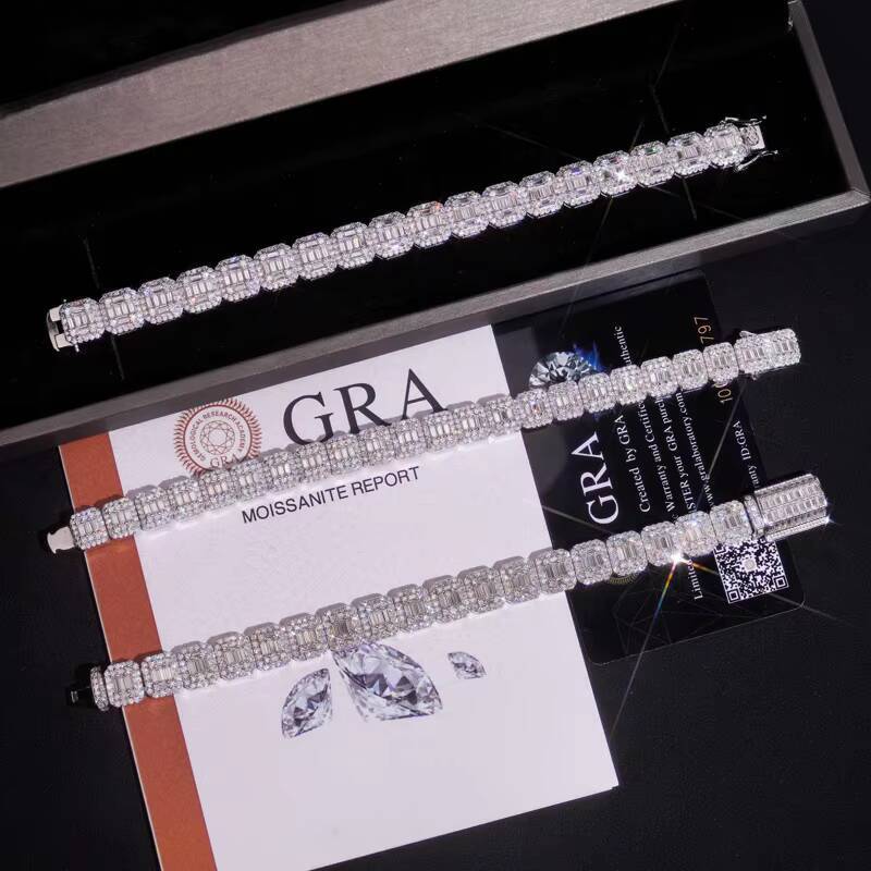 Hip Hop Jewelry 9mm White Gold 925 Silver Cluster VVS Baguette Moissanite Diamond Ice Out Tennis Bracelet for Men Women