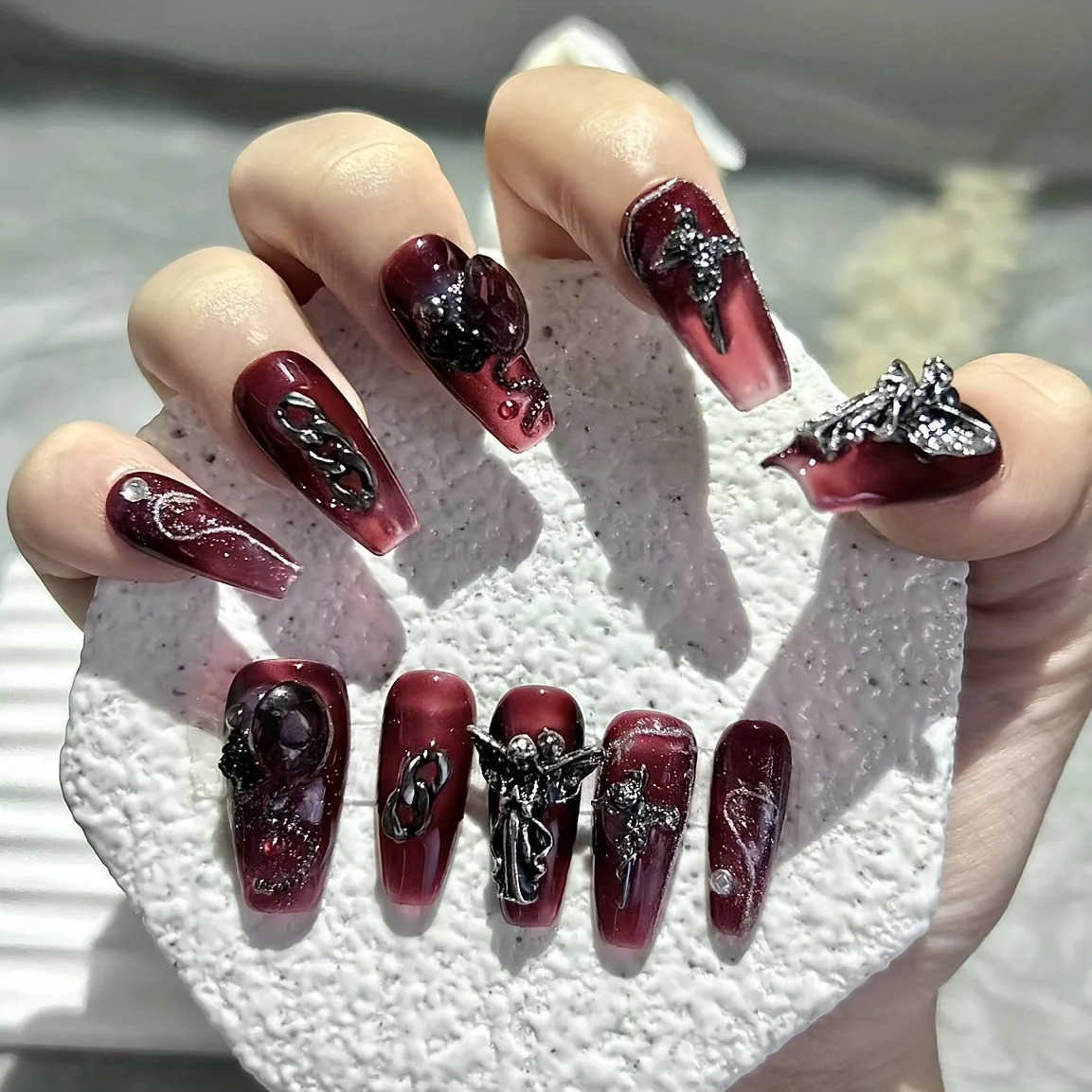 10 Pieces Sweet Cool Dark Style Handmade Wearable Nails Star River Falls Nail Art Patches Scarlet Angel Halloween Fake Nails M250807