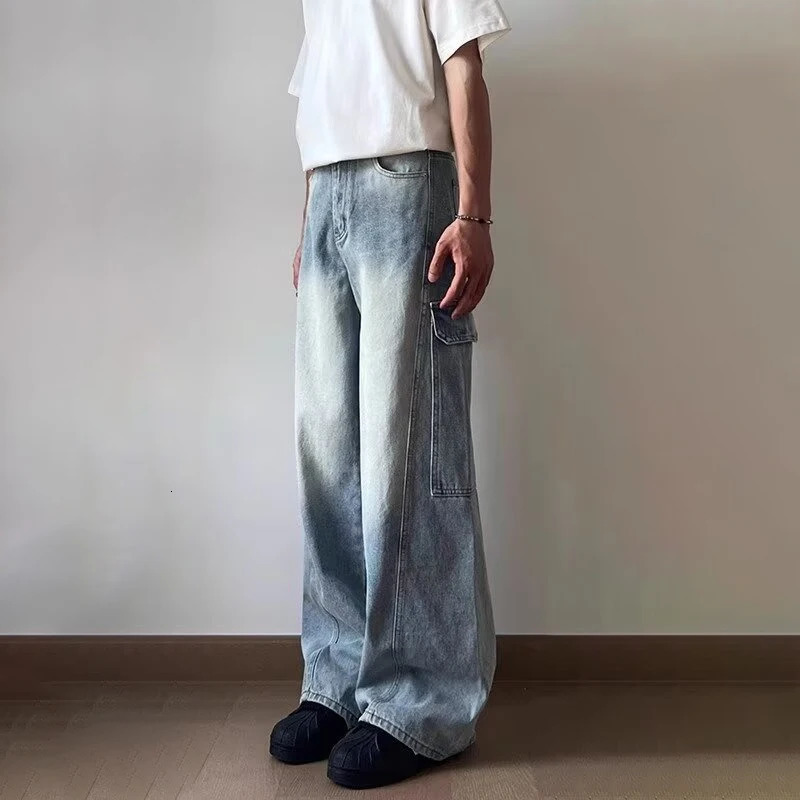 Mens Side Multipocket Straight WideLeg Jeans Hip Hop Fashion Cargo Denim Pants Y2K Vintage Streetwear Baggy Jean 250807