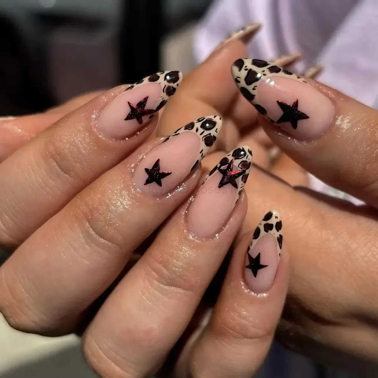 Leopard Print Ballet Fake Nails Art Almond False Nail Tip Charm Star Bowknot Flower Heart Cherry Pointed Press-on Nails Manicure Z250807