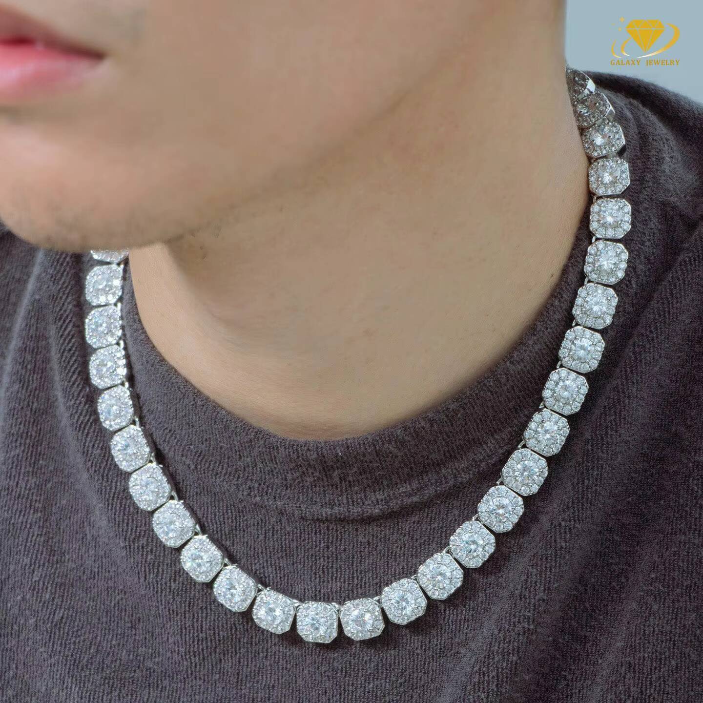 Luxury Iced Out Pass Diamond Tester Real Moissanite Square Cluster Tennis Chain 925 Silver Hip Hop Men 10mm 12mm Necklace