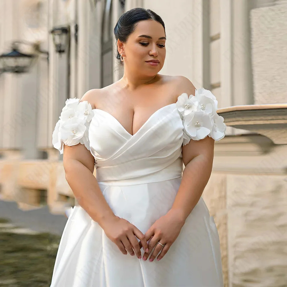 Sexy Wedding Dresses Plus Size Satin A-Line Lace Up Vestidos De Novia Off Shoulder V Neck Side Split Bridal Gowns