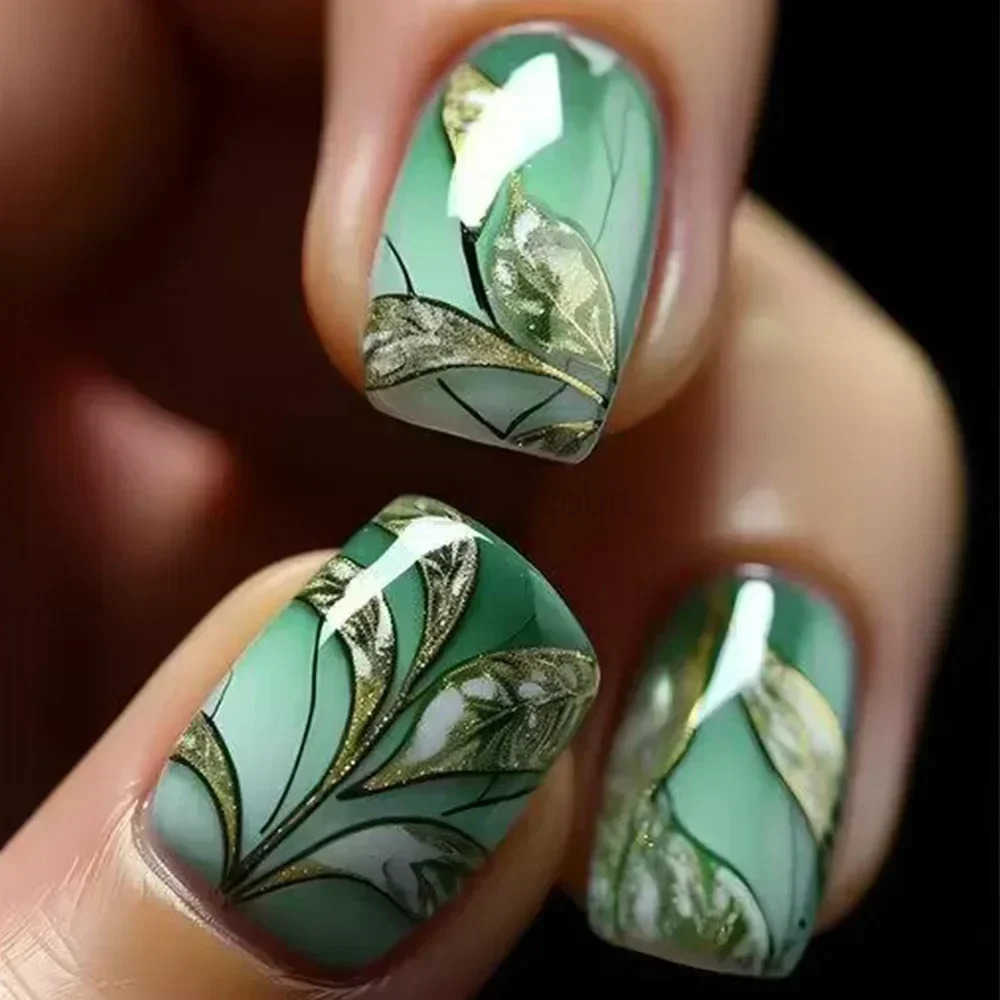 24pcs Short Square Press on Nails Jade Flower Sparkling Powder Designs Fake Nails with Glue Green Gradient Full Cover Nail Tips M250807