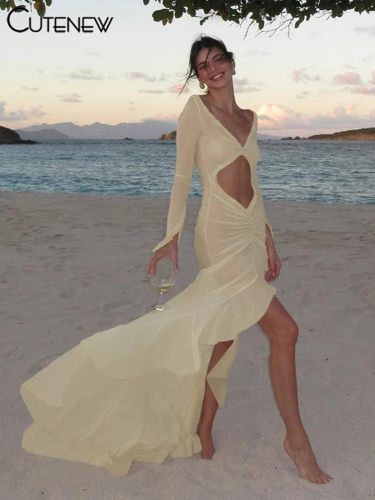 Cute Mesh Concise Dress Women Classic Holiday Style Long Sleeve Cut out Shirring Asymmetrical Robe Female Elegant Attirewear 250807