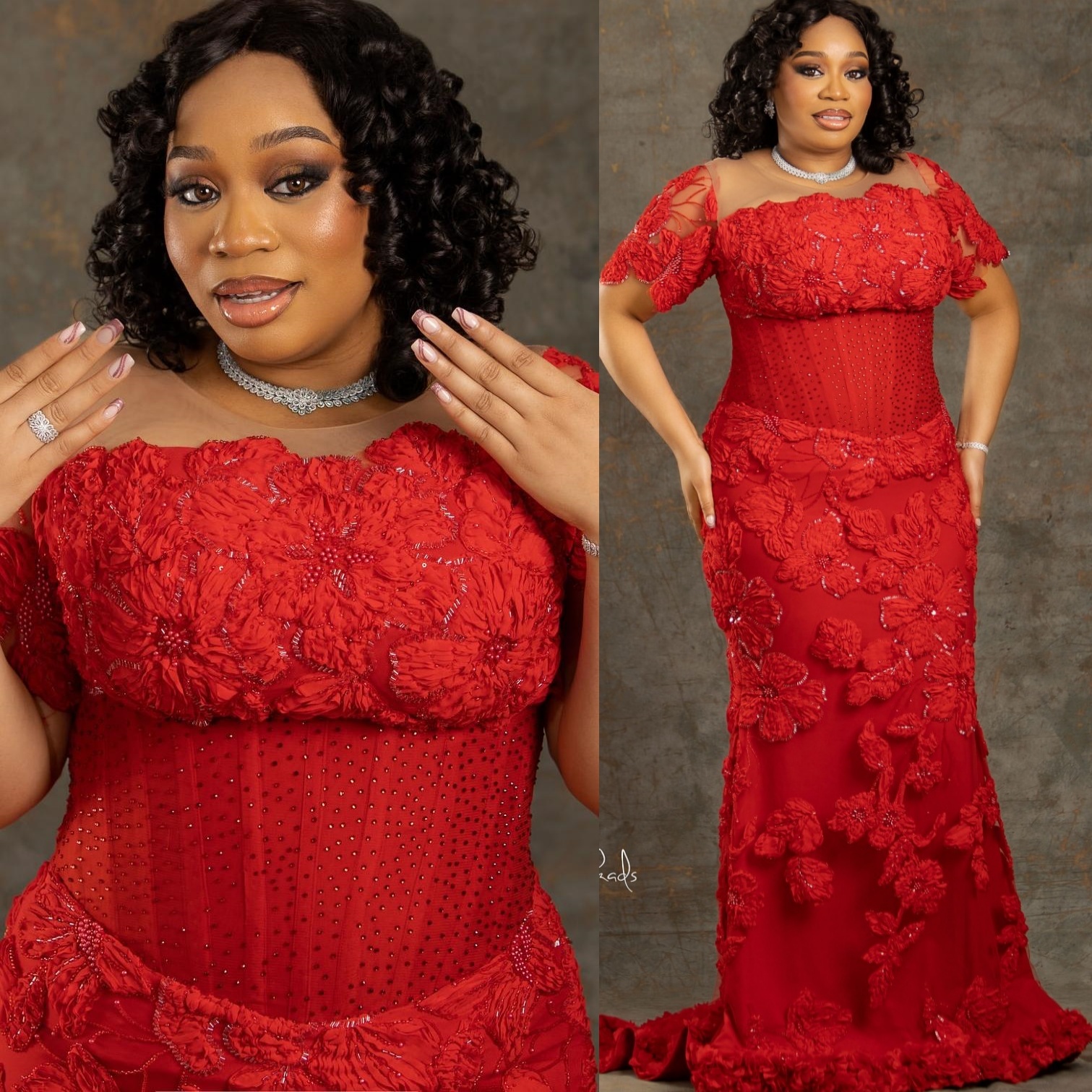 Mermaid Red Prom Dresses 2025 3D Floral Lace Crystals Short Sleeves Evening Formal Party Second Birthday Engagement Gowns Plus Size Dress For Special 