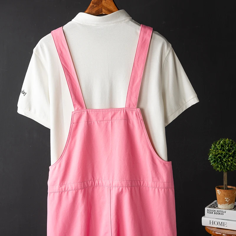 Men Pink Bib Overalls Casual Adjustable Suspenders Jumpsuits Y2K Loose Straight Pants 250804