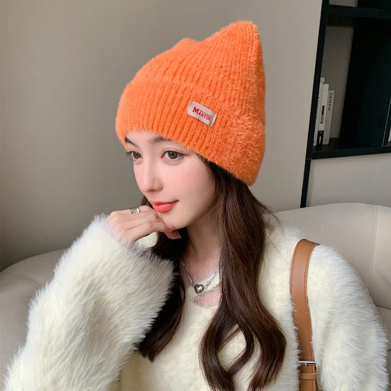Women Cute Cat Ear Earflap Winter Hat Fashion Faux Fur Knitted Hat Kpop Style Soft Beanie Hats Candy Female Streetwear Cap 250805