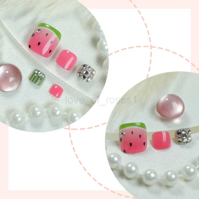 24pcs Colorful Painted Watermelon Fake Toenails Little Fresh Summer Beach Wearable False Toenails Shiny Diamond Press On Toenails Z250807