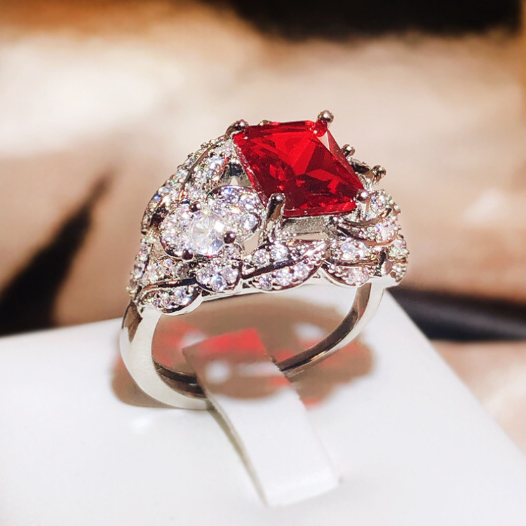 Square Red Gem Ring With Twisted Leaf & Sparkling Stone Accents Glam Evening And Engagement Accessory Gift For Her Luxurious And Dazzling Jewelry
