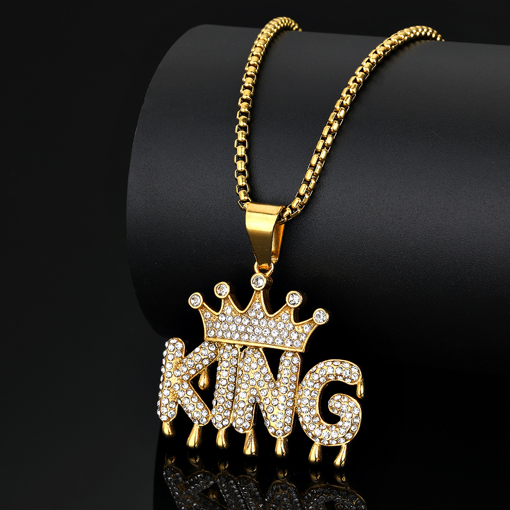 Hip Hop Crown KING Pendant Necklace Stainless Steel Gold Plated Zircons Jewelry