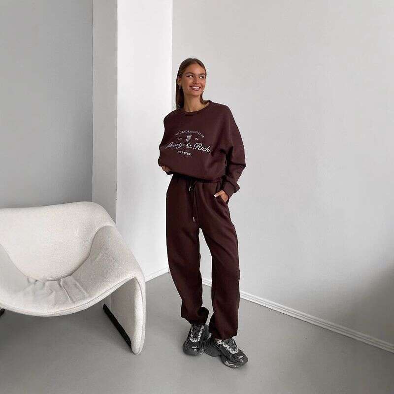 designer leisure Women's Clothing Lazy Style Round Neck Pullover Letter Embroidered Sweatshirt With Straight Drawstring Sweatpants For Women Suit
