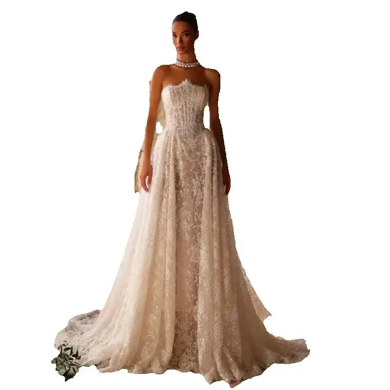 Simple Strapless A Line Wedding Mermaid Dresses Sexy Sleeveless Lace Bridal Gowns Customized Party Dress Vestido De Novia