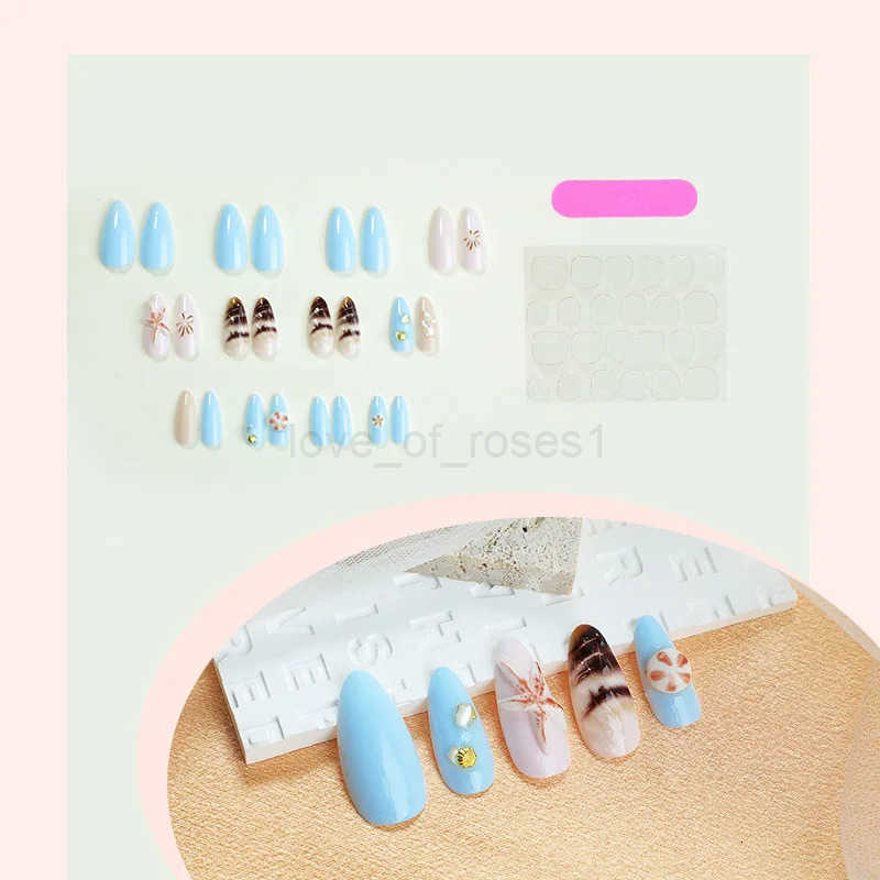 24pcs 3D Sea Shells Decor Fake Nails Ins Blue Sea Starfish Press-on Nails Full Cover Wearable French Almond False Nail Tips Z250807