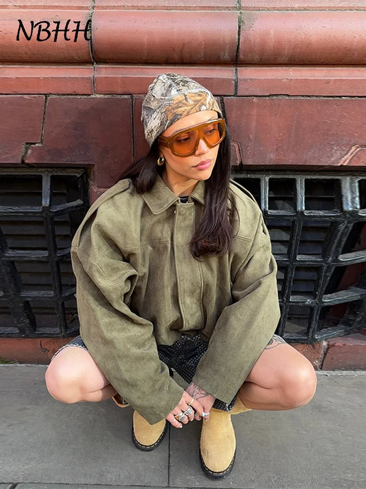 Street Vintage Brown Green Suede Jackets Women Lapel Long Sleeve Zipper Bomber Coats 2025 Autumn Fashion Loose Lady Outwears 250804