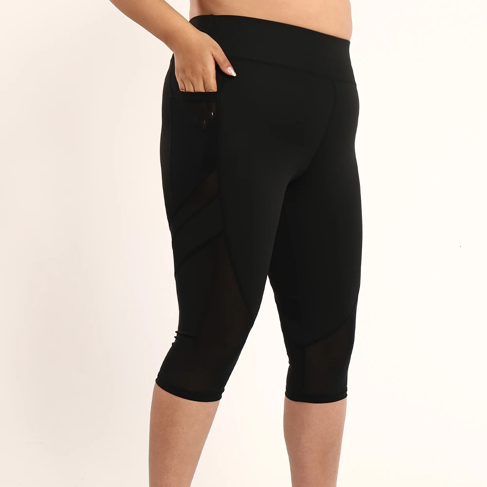 Plus Size Womens Yoga Pants With Side Pocket Mesh Insert Hollow Out Leggings For Workout Running Fitness Clothing 250805