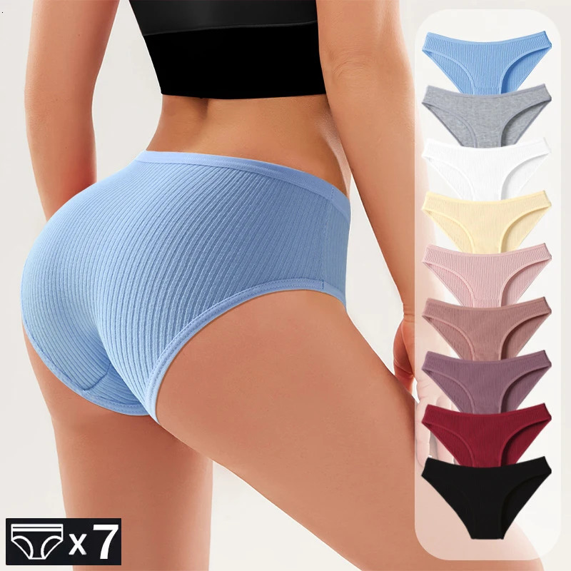 7Pcs Panties Striped Briefs for Women LowRise Breathable Cotton Female Soft Underwear Solid Colors Ladies Underpants 250807