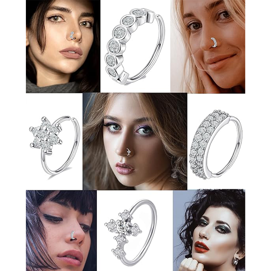 10Pcs Nose Ring Hoop Paved Flower Leaf Butterfly Feather CZ Cartilage Earrings Nose Piercing Jewelry for Women Men Silver Tone 20G