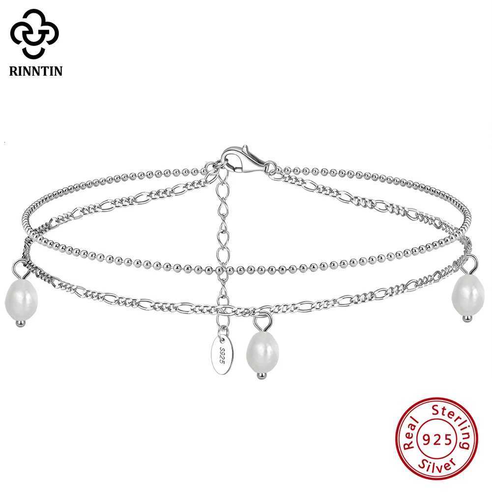 Rinntin Classic 925 Sterling Silver Freshwater Pearl Pendant Anklet Double Chain Trendy Summer Beach Anti Allergic Jewelry SA41 Y250805
