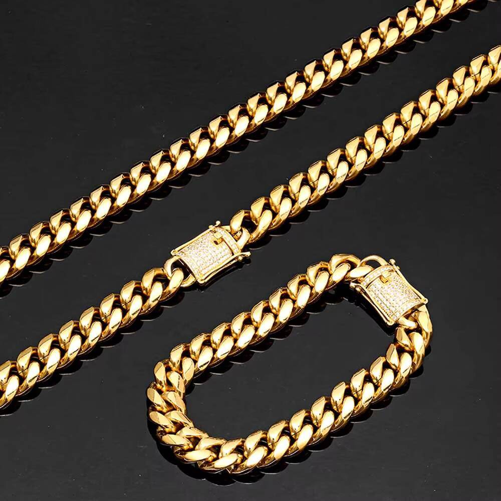 N003 Hip Hop Iced Clasp Stainless Steel Collar Cubano Necklace Miami Gold Cuban Link Chain