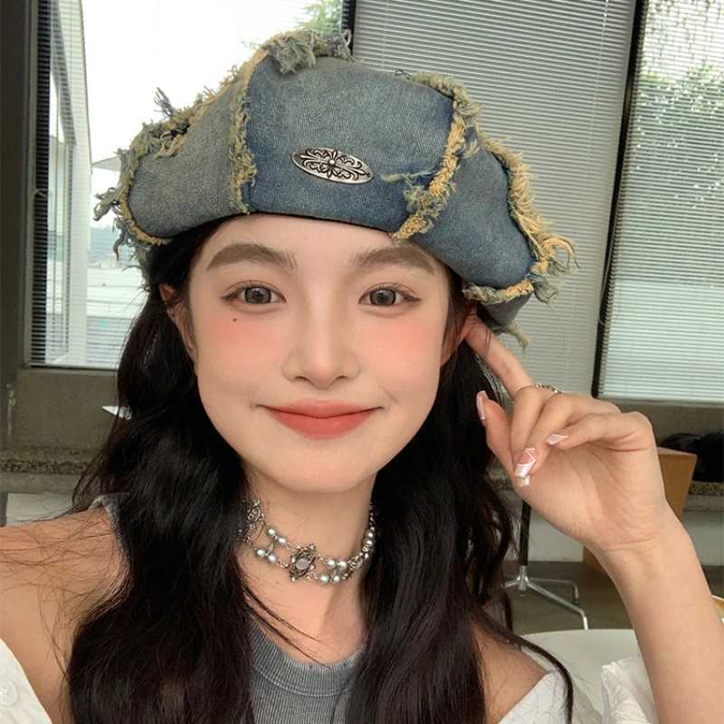 Original Retro Denim Berets Cs for Women 2024 Spring and Summer New Travel Fashion Versatile Big Head Octagonal Hats Men XJ250807