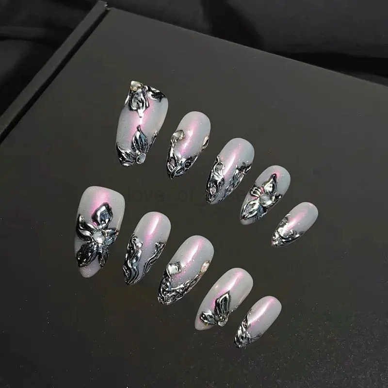 10pcs Handmade Y2K Press-on Nails Reusable Adhesive Almond Powder False Nails Manicure Fake Nails Art Gorgeous Medium-length Tips Z250807