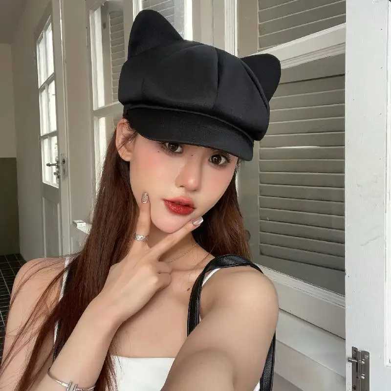 Beret Women Cute Cat Ear Sweet Octagonal Hats For Women Newsboy Cap Painter Hat Korean Style Solid Color Black XJ250807