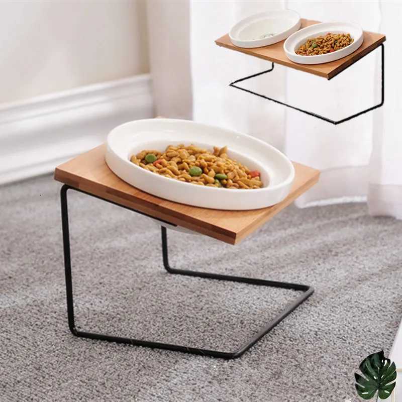 Cute Cat Bowl High-end Pet Bowl Bamboo Shelf Ceramic Feeding and Drinking Bowls for Dogs and Cats Pet Feeder Dog Double Bowls Y250806