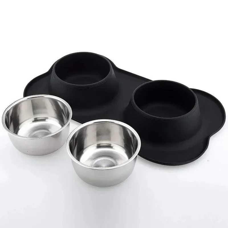 Antislip Double Dog Bowl With Silicone Mat Durable Stainless Steel Water Food Feeder Pet Feeding Drinking Bowls for Dogs Cats Y250806