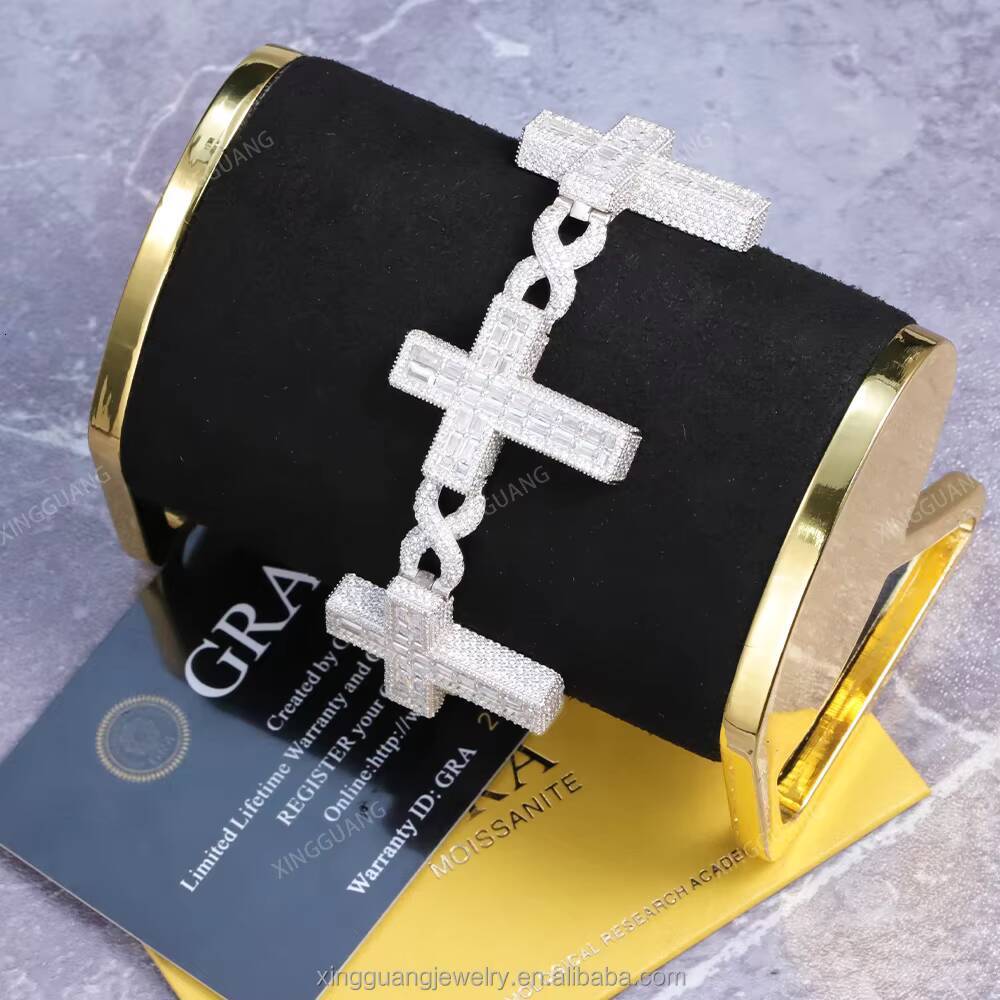 Fashion Cross Design S925 Silver Moissanite Bracelet Hip Hop Jewelry VVS Baguette Moissanite Diamond Cross Cuban Bracelet