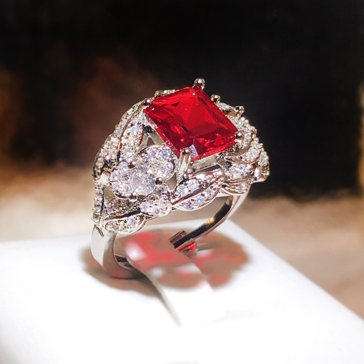 Square Red Gem Ring With Twisted Leaf & Sparkling Stone Accents Glam Evening And Engagement Accessory Gift For Her Luxurious And Dazzling Jewelry