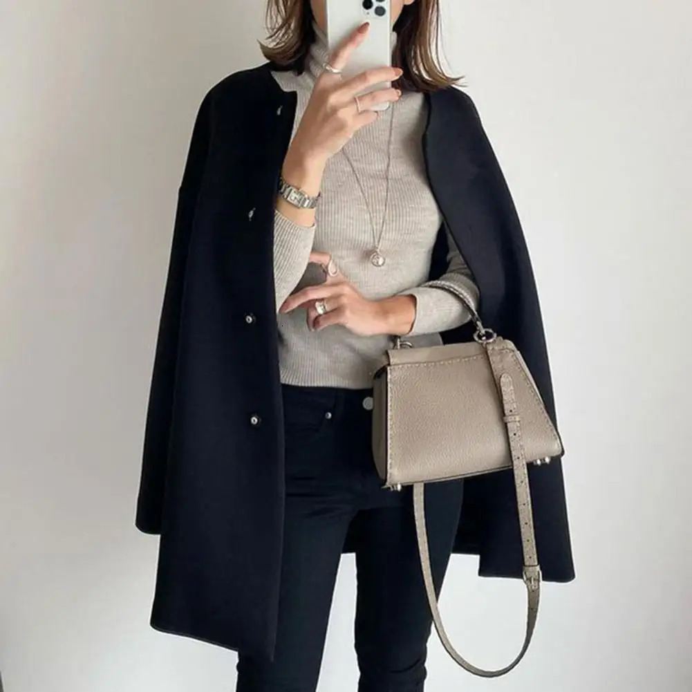Round Neck Coat Stylish Woolen Coat for Women Button-down Round Neck Outerwear Mid Length Jacket for Fall Winter for Commuting 250805