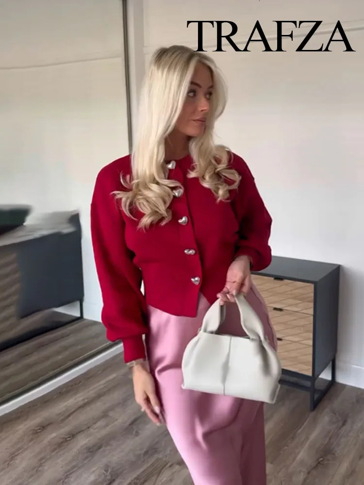 TRAFZA Women Fashion Solid Tops Heart-shaped Buttons Cardigans Female Spring Casual Long Sleeve O-Neck Knitting Sweaters Coats 250804