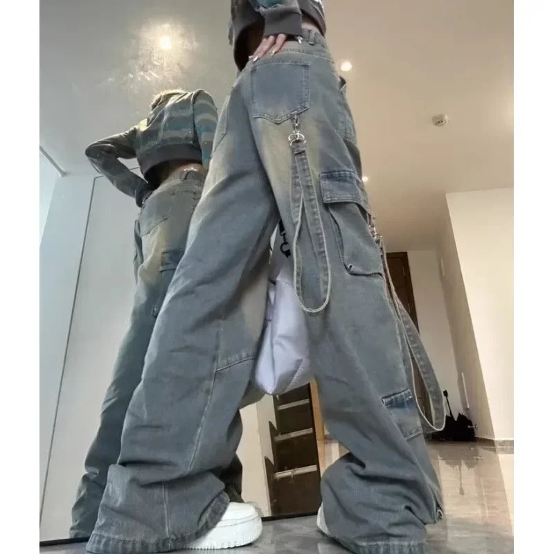 Female Jean Spliced Pockets Cargo Pants Washed Denim High Waist Full Length Jeans Loose Solid Basics Patchwork Distressed 250804
