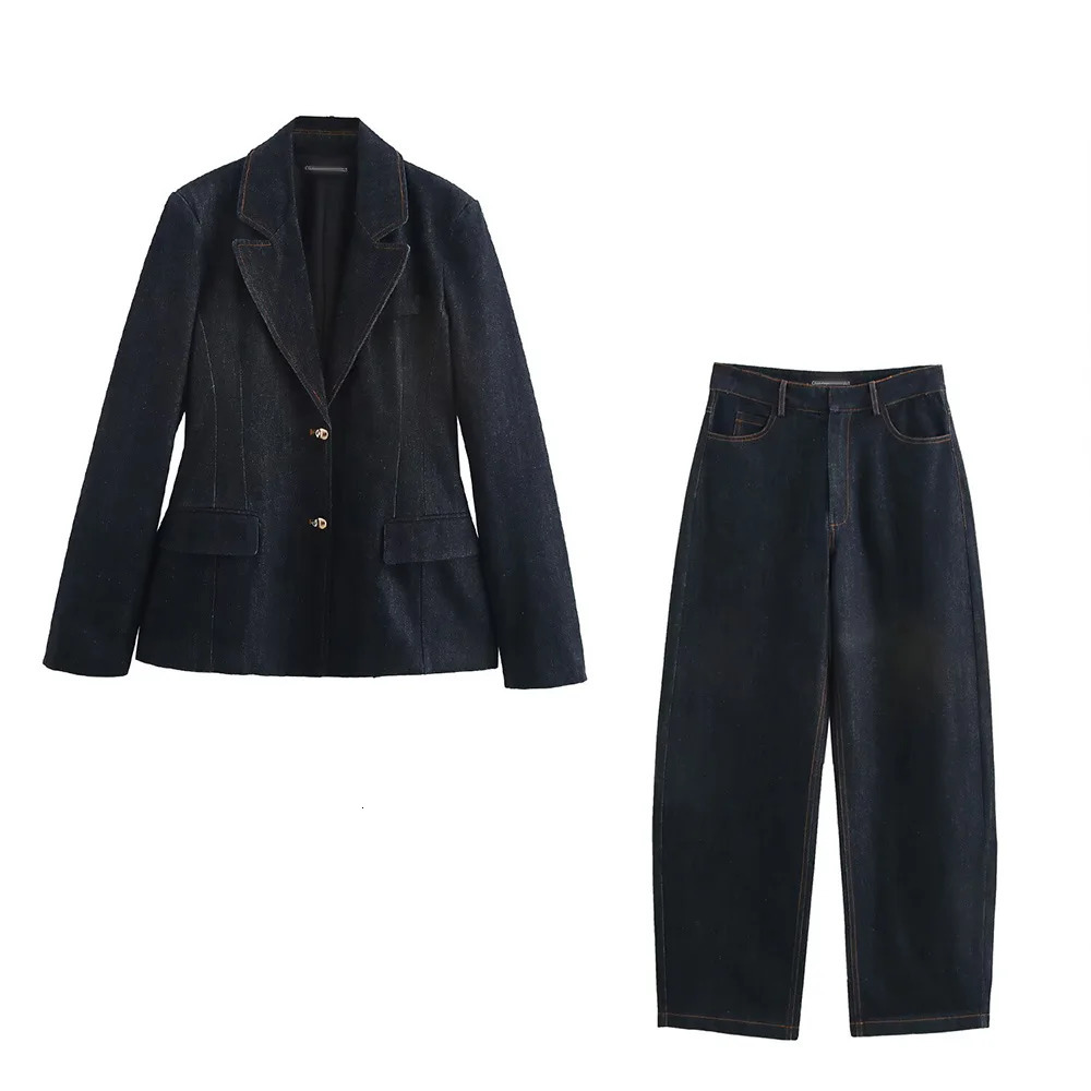 PB ZA Women 2025 Spring Fashion Denim Blazer Coat Bucket Jeans Vintage Long Sleeve Casual Female set woman 2 pieces 250728