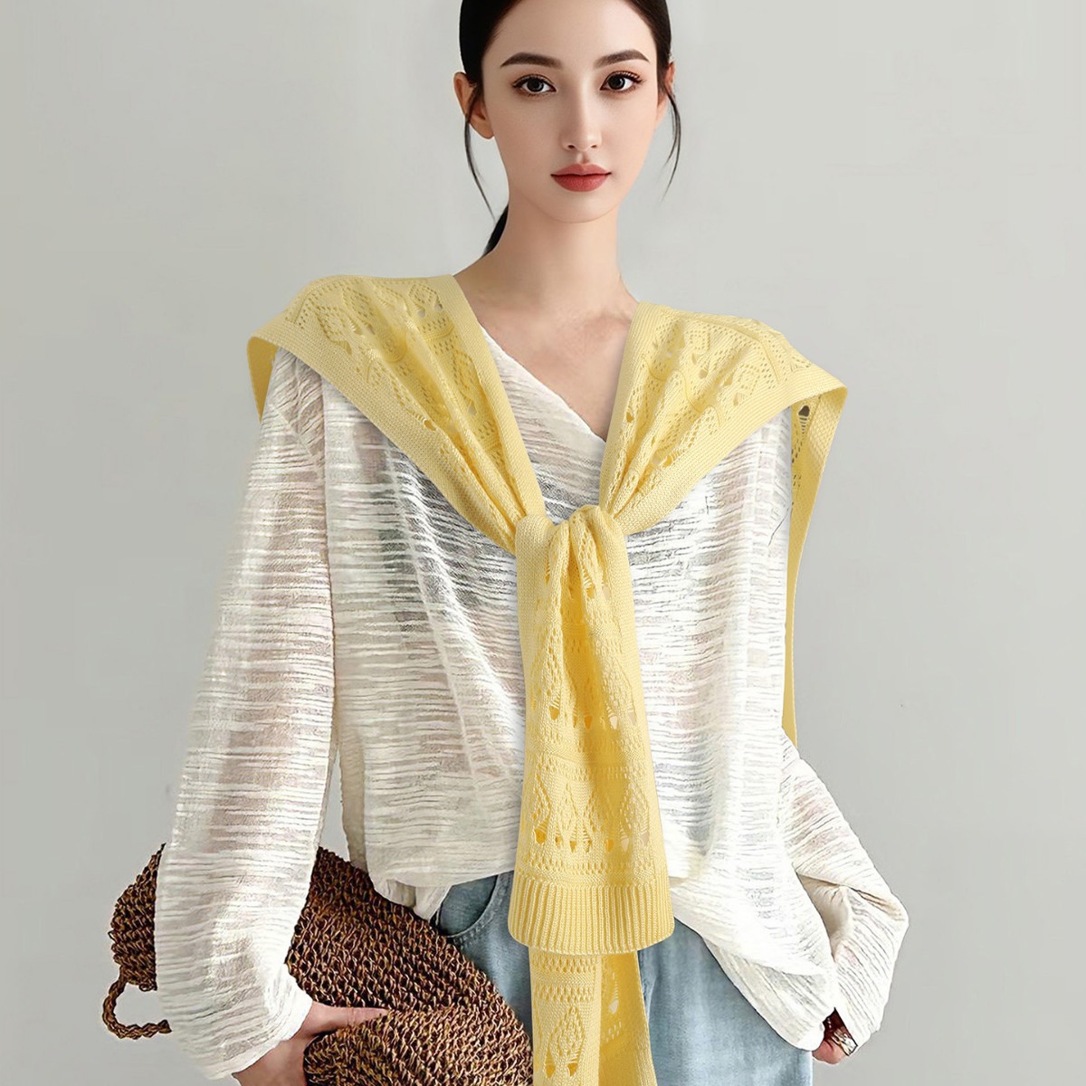 K1616 New skin-friendly soft ice silk hollow knitted shawl women's summer outer wear solid color knotted waistcoat neck scarf