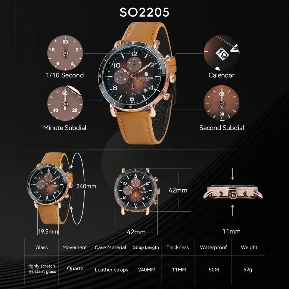 SAPPHERO Classic Business Quartz Mens Watch 5ATM Waterproof Watch Gift Box Set 42mm Large Dial Date Function Wrist Watch 250807