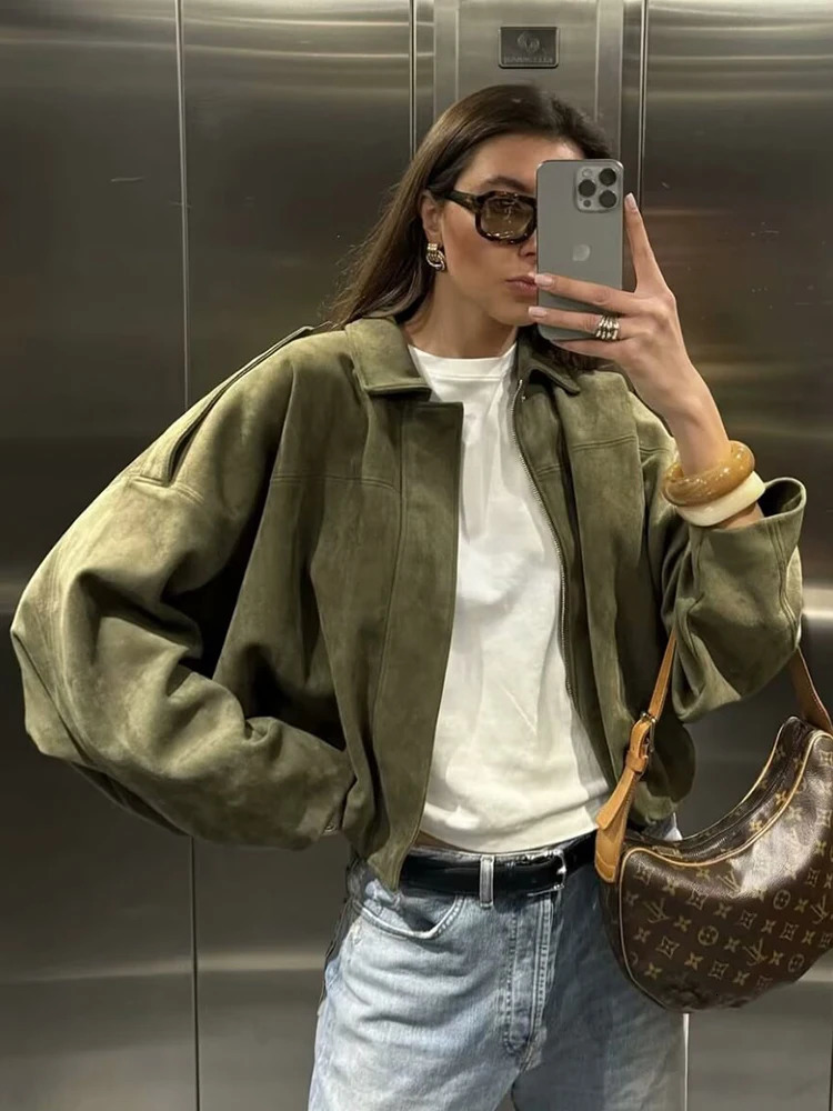 Oversize Women Soft Suede Jackets Fashion Ladies Casual Loose Army Green Outfits for Jogging Female Chic Jacket Clothes 250805