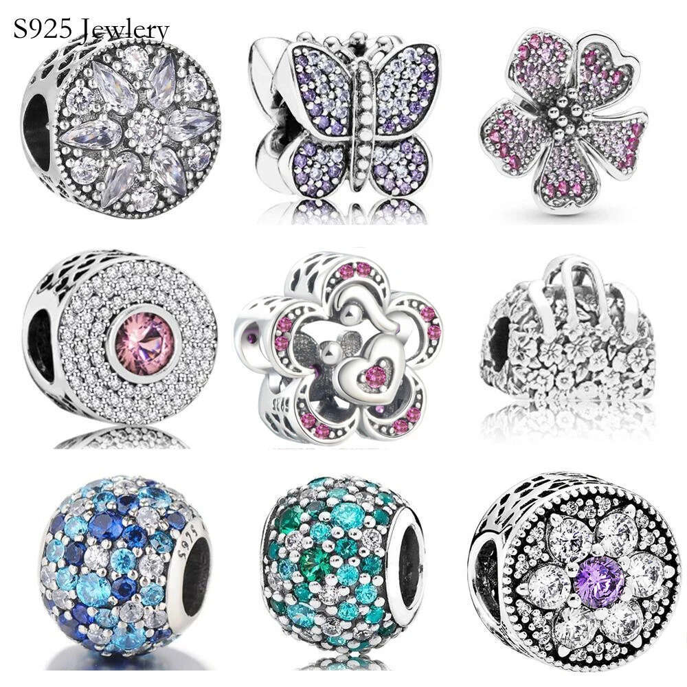 S925 Silver Fit S925 Snake Charms Bracelet With Zircon Butterfly Love Flower Charm Beads DIY Jewelry Making Loquat Free Shipping