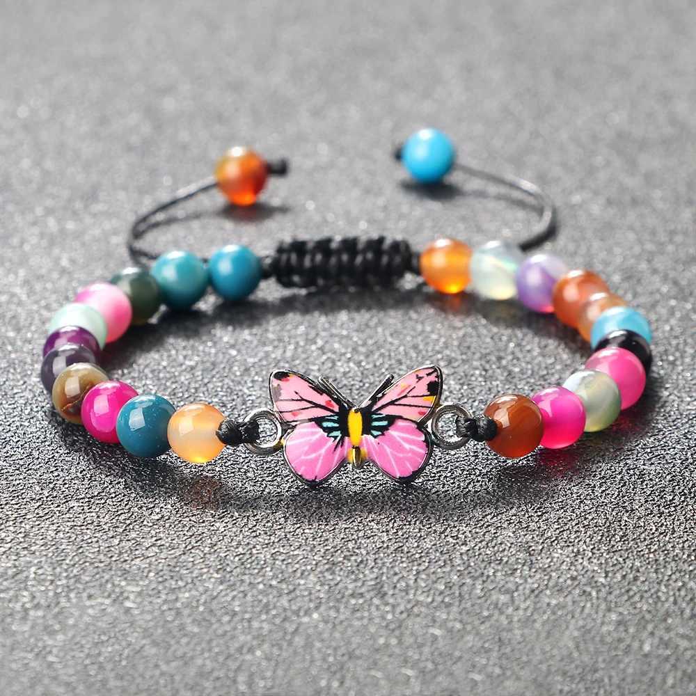 Charm Women Pink Butterfly Bracelet 6mm Natural Tiger Stone Black Lava Onyx Beads Bracelets Bangles Handmade Womens Wrist Jewelry Z250807