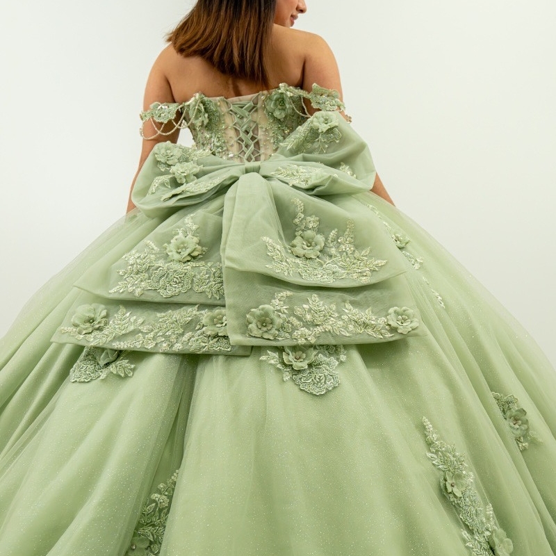 Green Shiny Quinceanera Dresses Off The Shoulder Applique Flower Beading Bow Tull Ball Gown Vestidos De 15 Anos Sweet 16 Dress