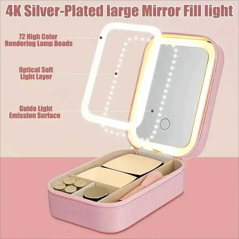 LED Travel Makeup Mirror with USB Charging Foldable Cosmetic Organizer Jewelry Pink Faux Leather Portable Beauty Case for Women Z250807