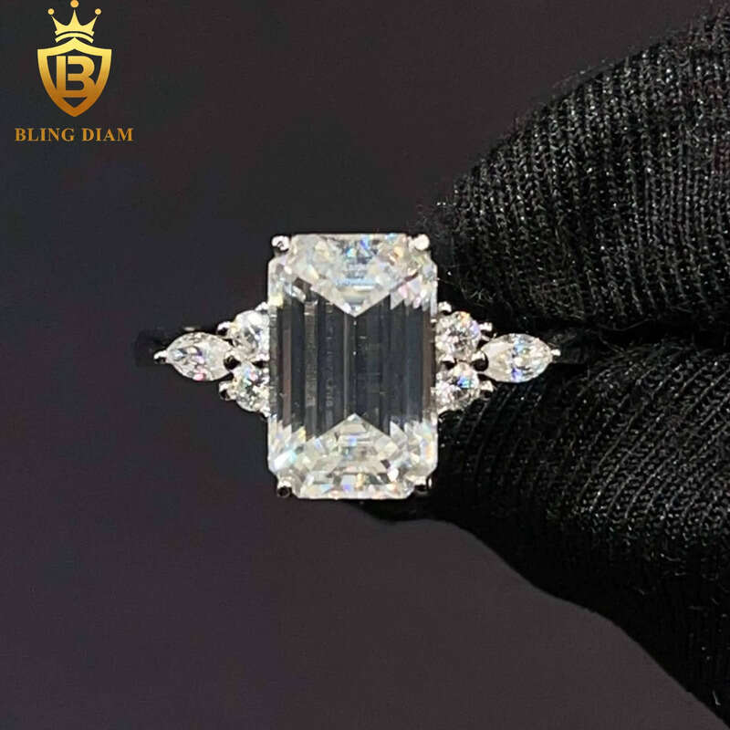 Women Jewelry Engagement Gift Ring Sterling Sier VVS Moissanite Big Dia Emerald Cut Rings