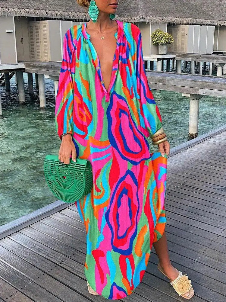 Women Boho Print Loose Beach Dress 2025 Spring Summer Elegant Deep V-Neck Maxi Dress Ladies Sexy Long Sleeve Oversized Dresses 250728