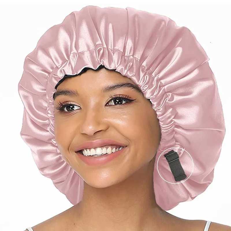 Satin Hat for Sleeping with Invisible Adjustable Buckle Double Layer Soft Comfortable Hair Care Shower Bonnet Z250808