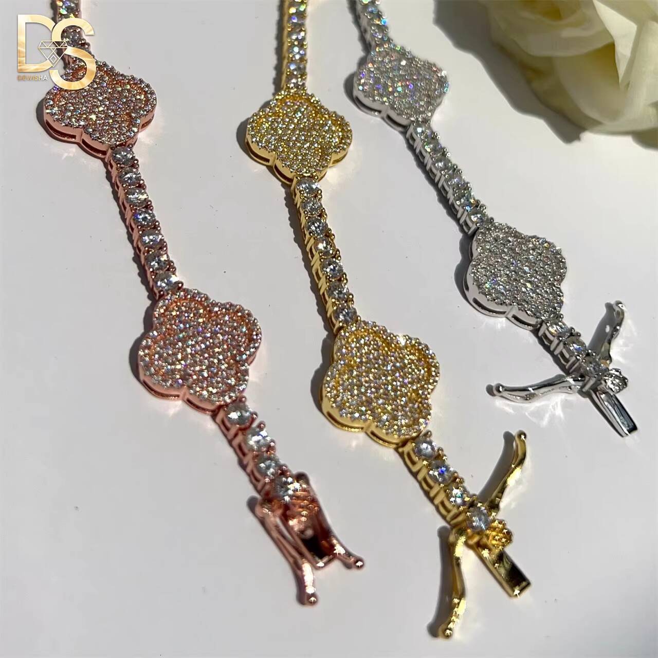 925 Sterling Silver Moissanite Diamond Tennis Bracelet Four-leaf Clover Flower Men and Womens 3MM/4MM Tennis Chain Jewelry