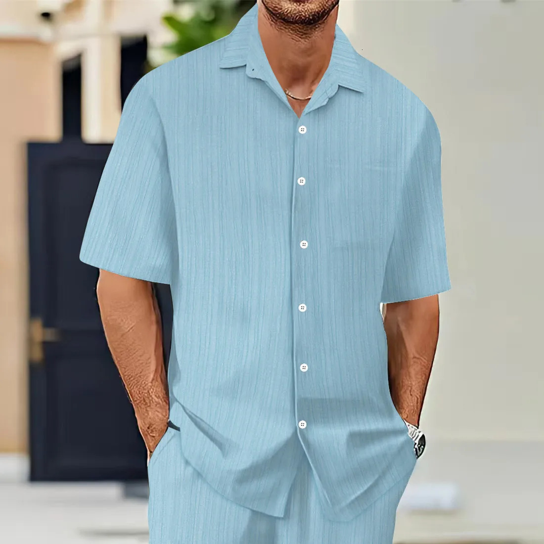 Mens ShortSleeved Shirts Summer Solid Color Turndown collar Casual Beach Style Plus Size 250807